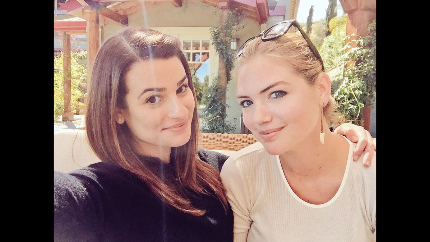 Actress Lea Michele, left, <a href="https://twitter.com/msleamichele/status/585922293102092288" target="_blank" target="_blank">tweeted this selfie with model Kate Upton</a> on Wednesday, April 8. "#TheLayover," Michele said, referring to the upcoming movie they are starring in together.