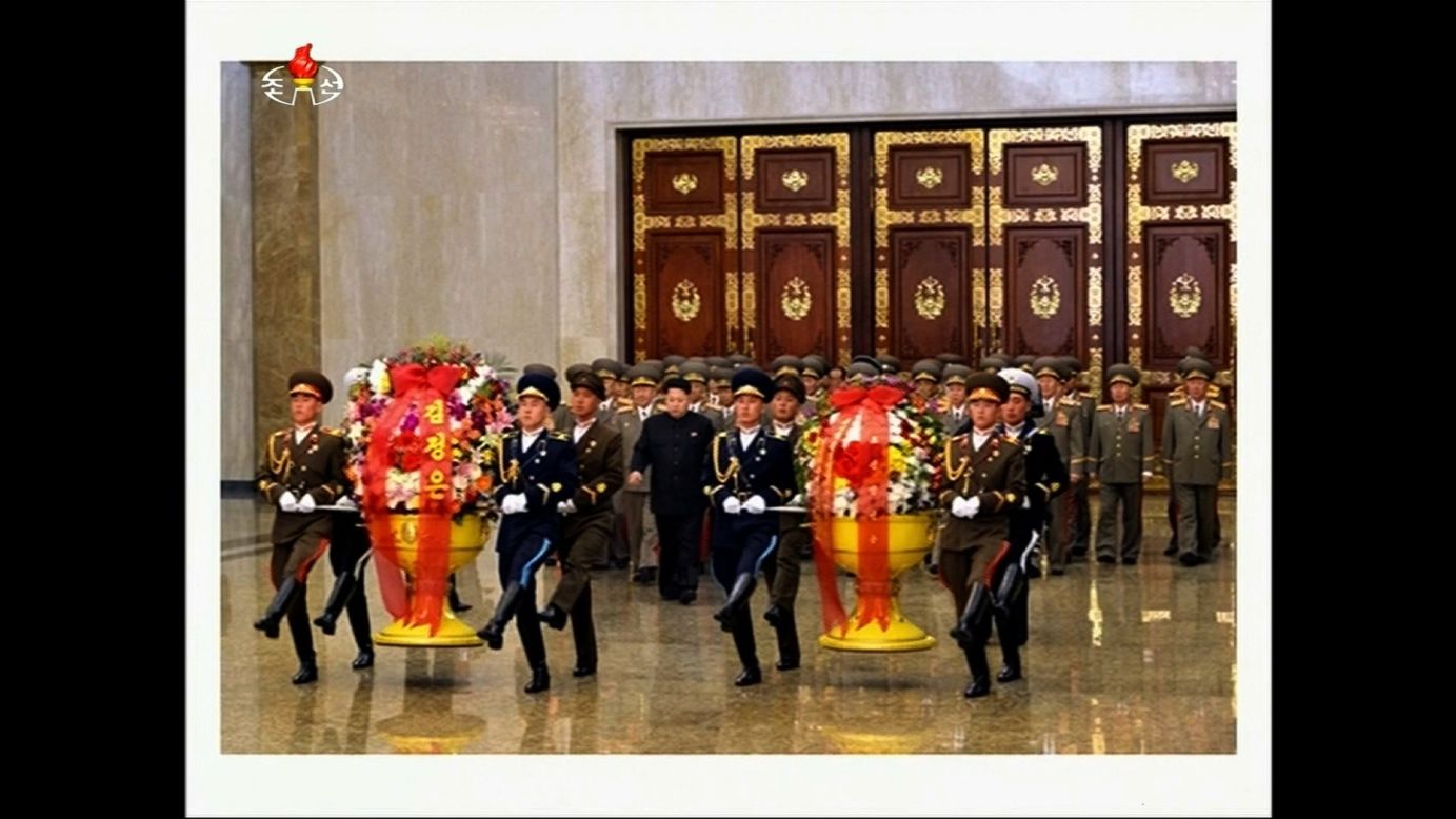 Kim entered the hall and placed floral tributes in front of statues of the country's former leaders. Kim became leader of the reclusive nation in late 2011, following the death of his father, Kim Jong Il, who took over from his own father, Kim Il Sung in 1994.