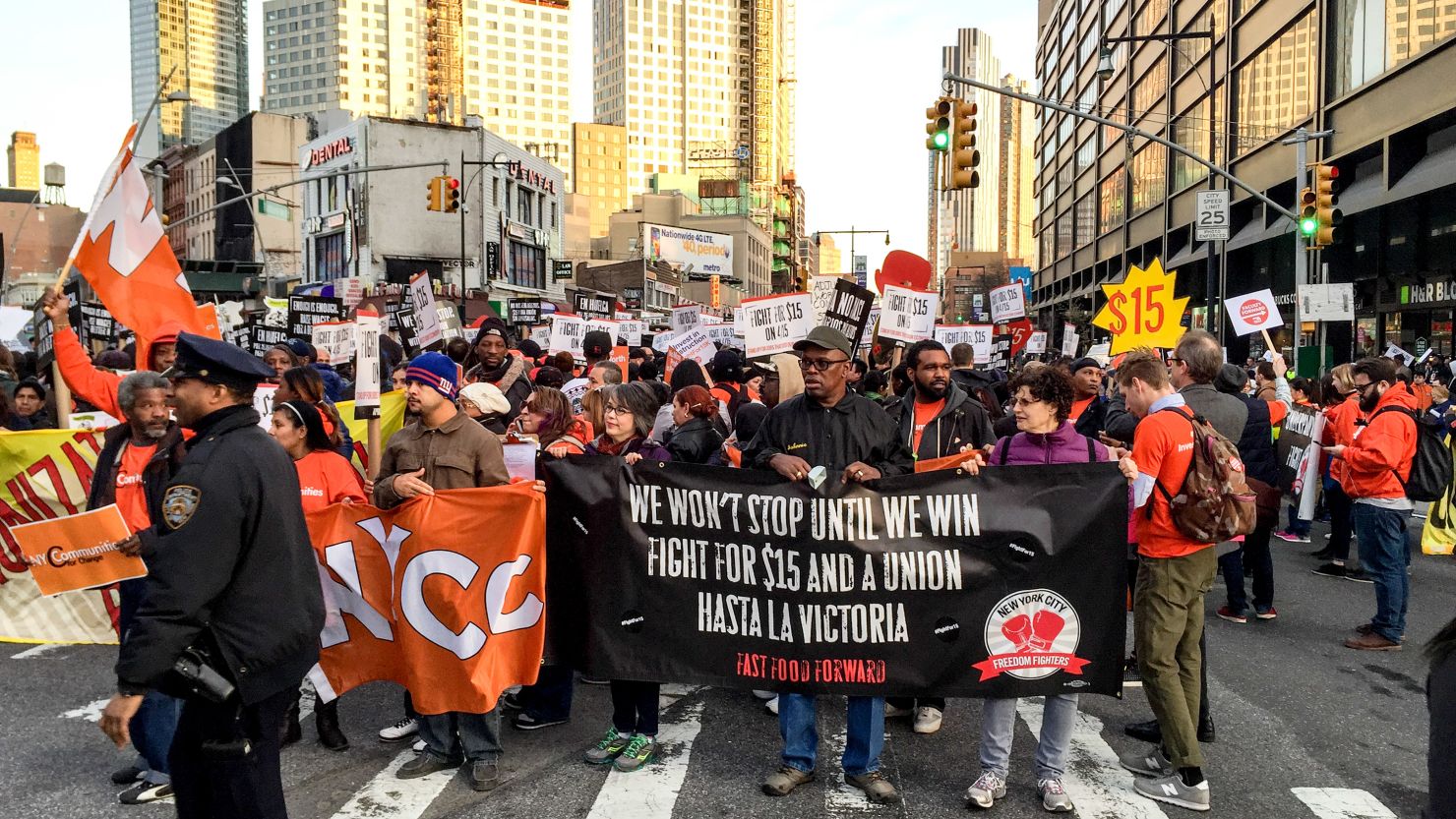 Fast food workers protest earlier this year.