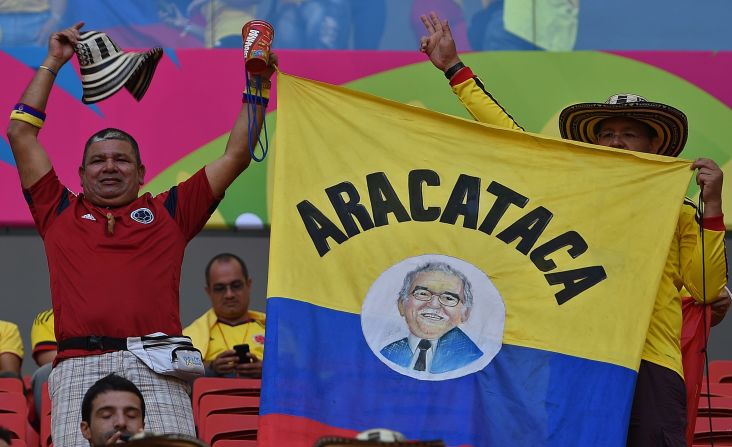 In memory of the literary great, supporters at the FIFA 2014 World Cup Group C football match between Colombia and Ivroy Coast in Brasilia waved a banner depicting Marquez and his place of birth, Aracataca.