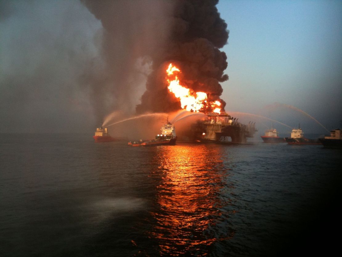 Boats fight the blaze after the Deepwater Horizon oil rig exploded.