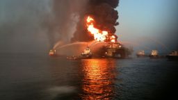 Boats fight the blaze after the Deepwater Horizon oil rig exploded in 2010.