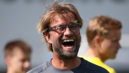 Head coach Juergen Klopp laughs during a training session in the Borussia Dortmund training camp on July 31, 2014 in Bad Ragaz, Switzerland. (Photo by Philipp Schmidli/Bongarts/Getty Images)