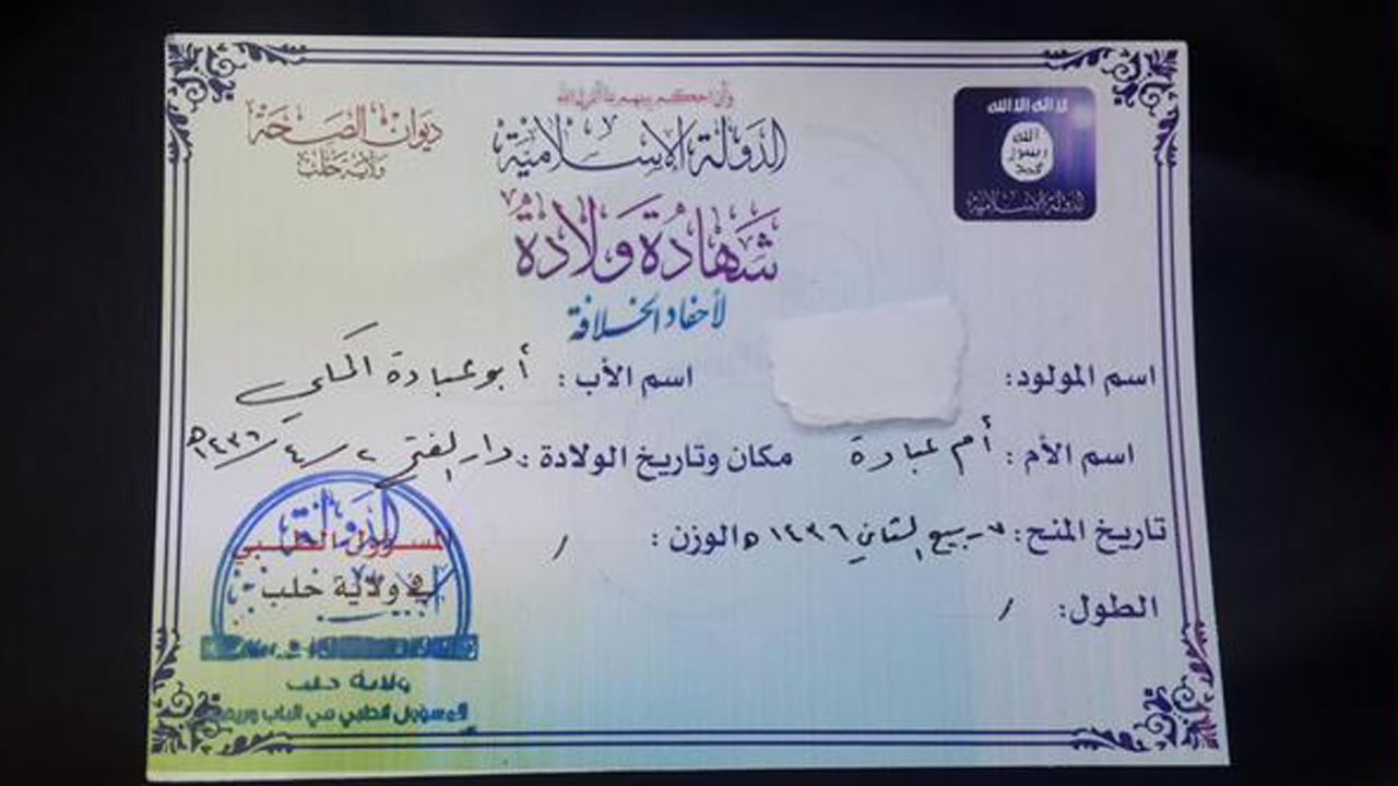 This birth certificate from the Halab Health Department records information for babies born in the ISIS-created province or "wilayat."