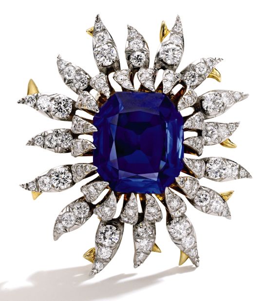 This gold, platinum and sapphire brooch from Tiffany & Co. was one of many nature-inspired pieces from French designer  Jean Schlumberger in the 1960s. The centerpiece is a sapphire of approximately 17 carats. It sold to an online bidder on Tuesday for $1M.