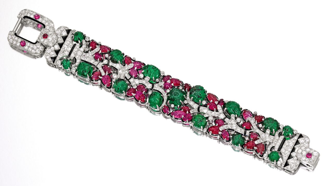 Equally colorful is this Tutti Frutti Cartier Bracelet from the 1920s, which is made of platinum, enamel, emeralds, rubies and diamonds. It sold for $1.63M with buyer's premium.