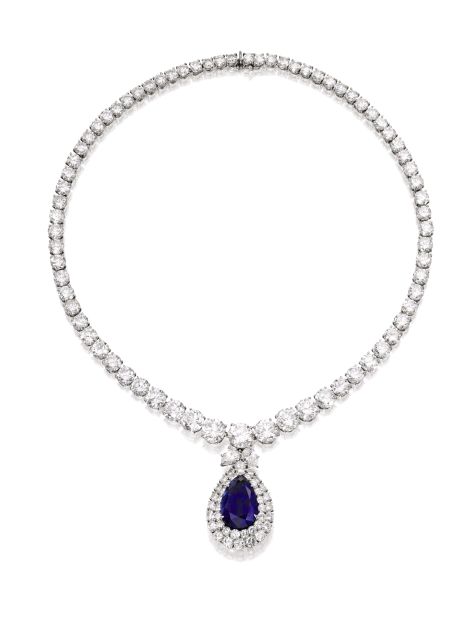 The Spectacular Bid Collection of Harry Winston pieces is inspired by an American racehorse. The Burmese sapphire that is the focal point of this necklace is a nod to the stallion's racing colors.  It sold for $430,000 with buyer's premium.