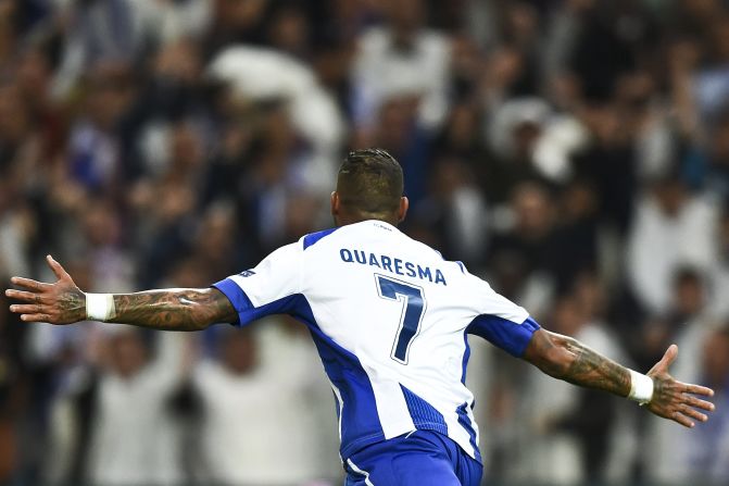 Ricardo Quaresma celebrates after scoring from the spot to put Porto 1-0 up against Bayern Munich and he quickly added a second.
