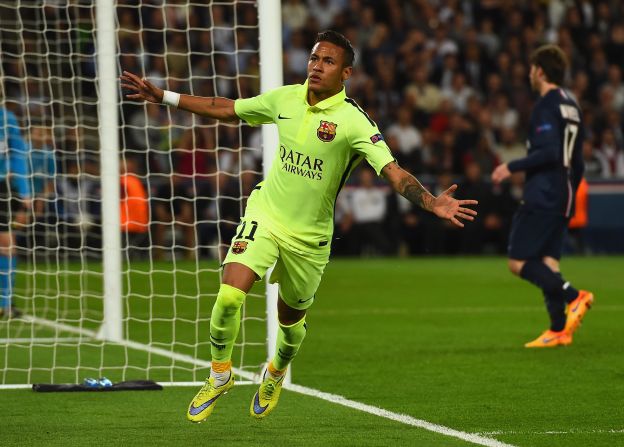 Neymar with his fourth Champions League goal of the season puts Barcelona in front at PSG.