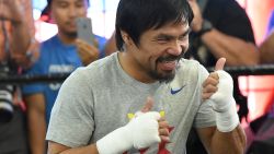 Manny Pacquiao spars before a workout in preparation for his fight against Floyd Mayweather Jr. at Wild Card Boxing Club on April 15, 2015 in Los Angeles, California. (Photo by Harry How/Getty Images)