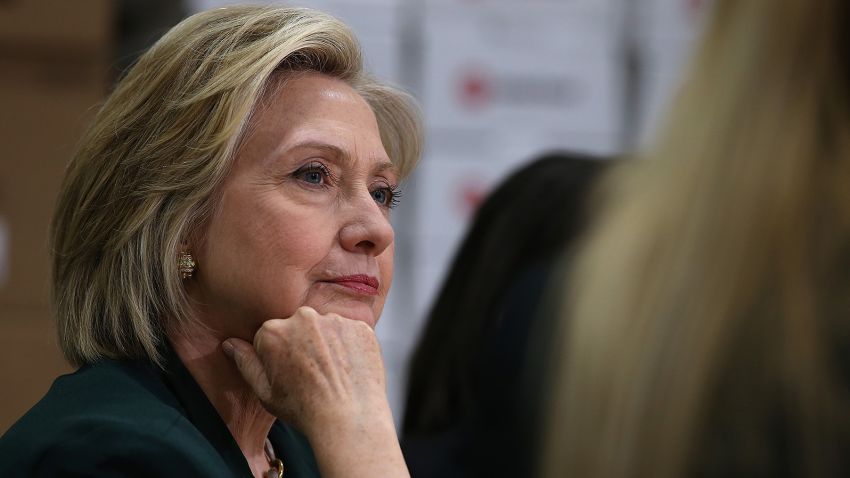 Hillary Clinton looks on during a roundtable discussion with members of the small business community on April 15, 2015, in Norwalk, Iowa.