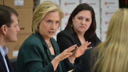 Hillary Clinton participates in a small-business roundtable discussion with members of the small-business community on April 15, 2015, in Norwalk, Iowa.