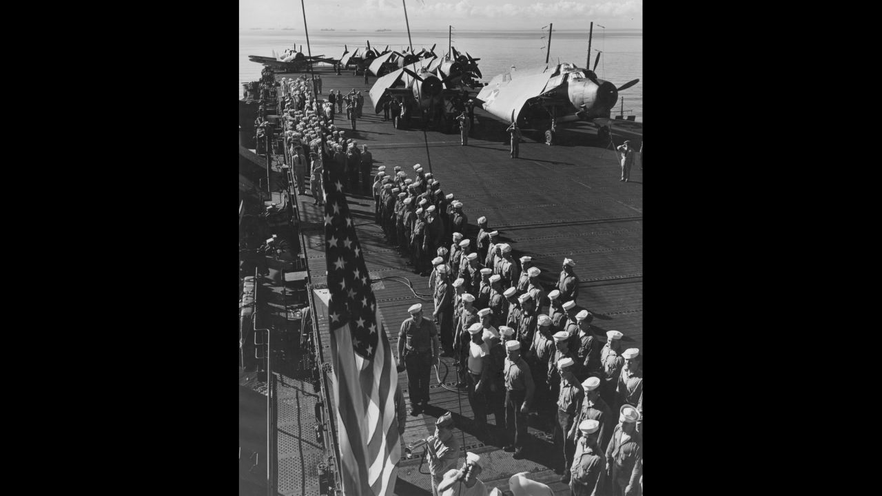 Muster on the flight deck of USS Independence in 1943. The carrier earned eight battle stars during World War II.