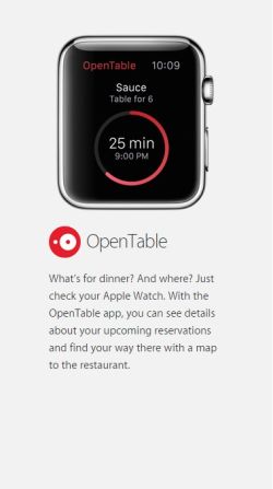 Like its smart phone counterpart, OpenTable's Apple Watch app lets users discover local restaurants, review ratings and prices and book a night out free and instantly. 