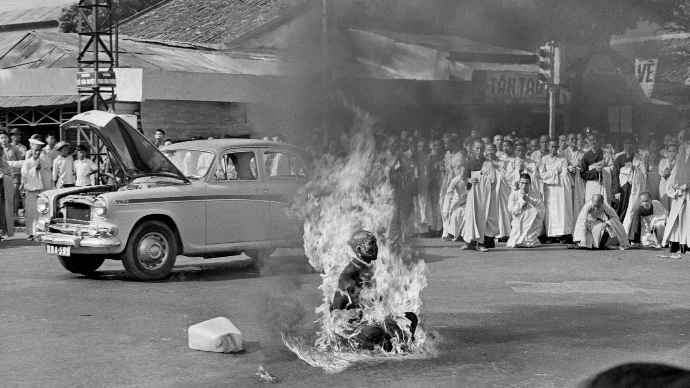 Thich Quang Duc, a Buddhist monk, burns himself to death on a street in Saigon -- the capital of South Vietnam -- on June 11, 1963. He lit himself on fire to protest alleged persecution of Buddhists by the South Vietnamese government.