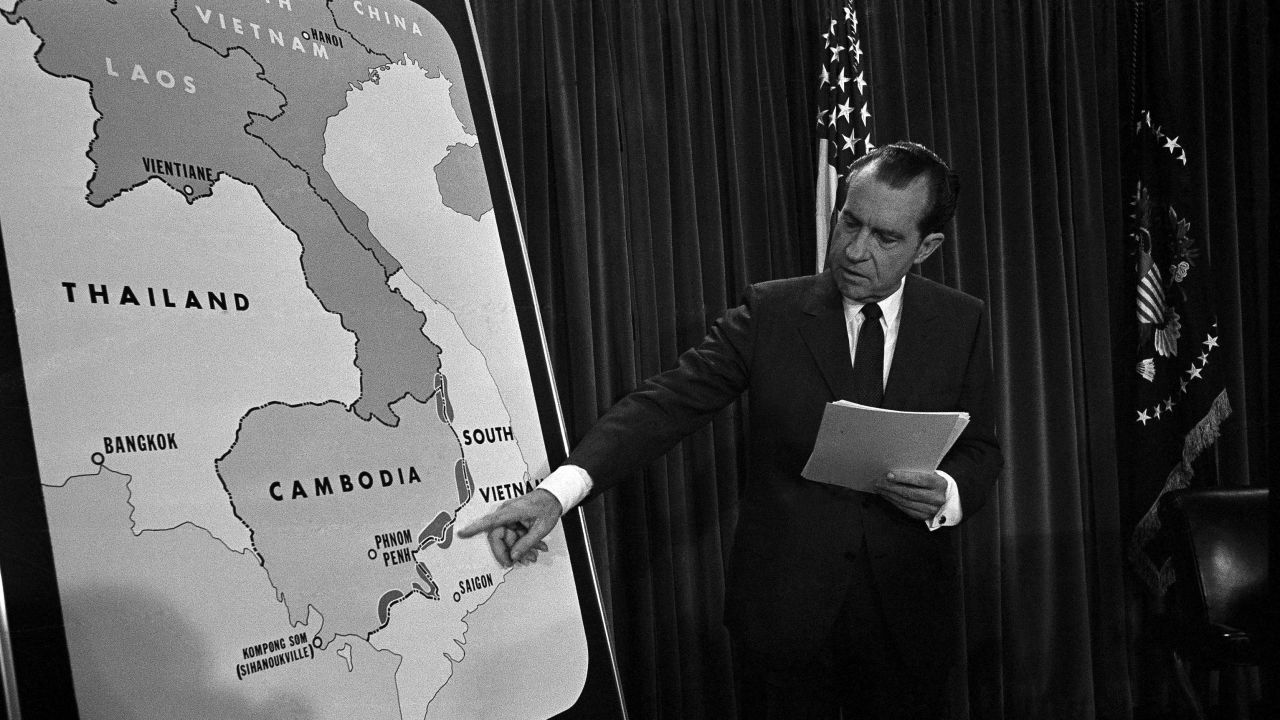 U.S. President Richard Nixon points to a map in the White House after telling the nation that American troops have attacked, at his order, a communist complex in Cambodia in April 1970. Nixon ordered troops to invade border areas in Cambodia and destroy supply centers set up by the North Vietnamese.