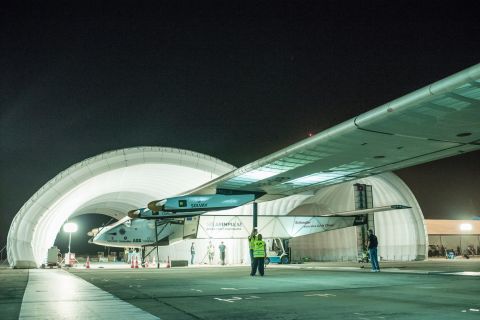 The Solar Impulse 2 is rolled out of its inflatable mobile hangar before leaving Myanmar for Chongqing on Monday, March 30.