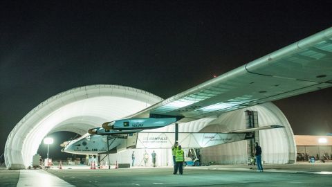 The Solar Impulse 2 is rolled out of its inflatable mobile hangar before leaving Myanmar for Chongqing on Monday, March 30.