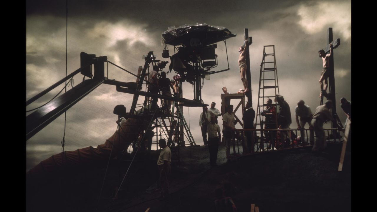 Crew members set up the crucifixion scene for "The Greatest Story Ever Told" in June 1963.