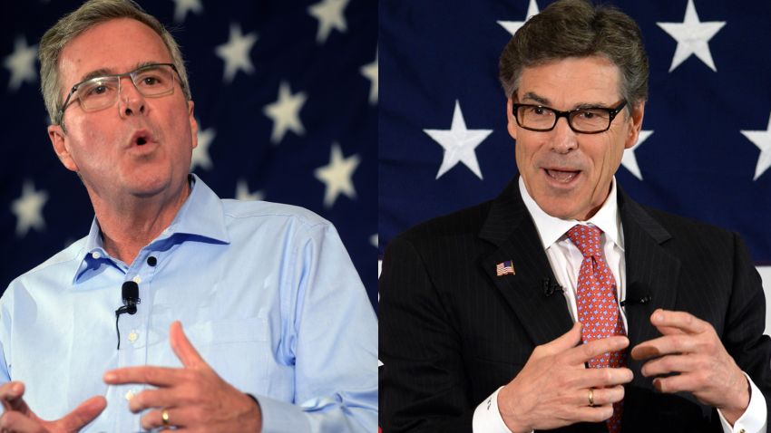 Split of Jeb Bush and Rick Perry speaking in New Hampshire