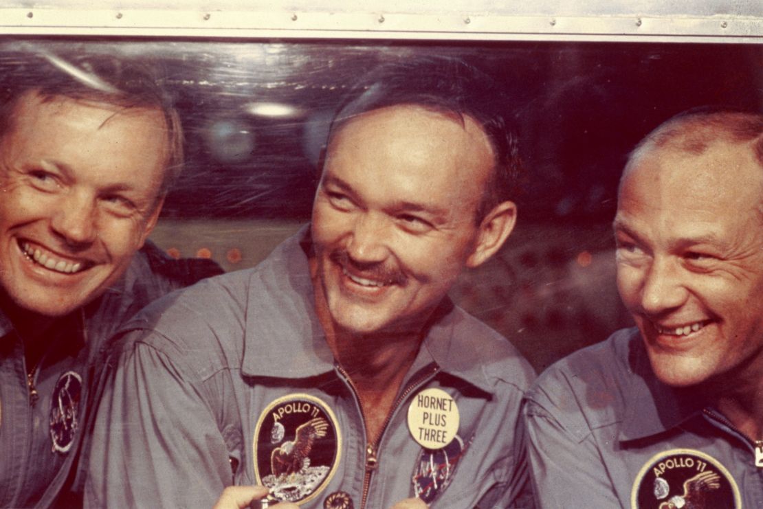 From left, Neil Armstrong, Michael Collins and Edwin "Buzz" Aldrin are subjected to a period of quarantine upon their return to Earth on July 24, 1969.