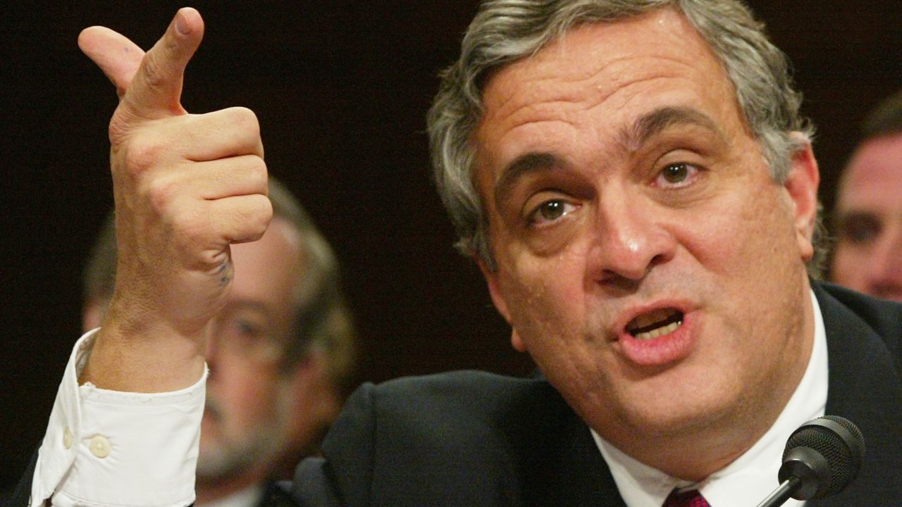 CIA Director George Tenet makes a point as he testifies April 14, 2004 during the second day of the 10th public hearing on the performance of law enforcement and the intelligence community prior to the September 11, 2001 attacks before the National Commission on Terrorist Attacks.