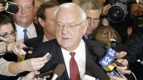 Former Illinois Governor George Ryan speaks to the news media at the federal courthouse following a verdict of guilty on all counts in his corruption trial April 17, 2006, in Chicago, Illinois. 