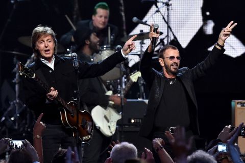 Paul McCartney, left, and inductee Ringo Starr performed together at the 30th Annual Rock And Roll Hall Of Fame induction ceremony.