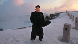North Korean leader Kim Jong-Un stands on the snow-covered top of Mount Paektu in North Korea in a picture taken by North Korean newspaper Rodong Sinmun on April 18 and released by South Korean news agency Yonhap on April 19.  Kim  scaled the country's highest mountain, state-run media claimed, arriving at the summit to tell soldiers that the hike provides mental energy more powerful than nuclear weapons. 