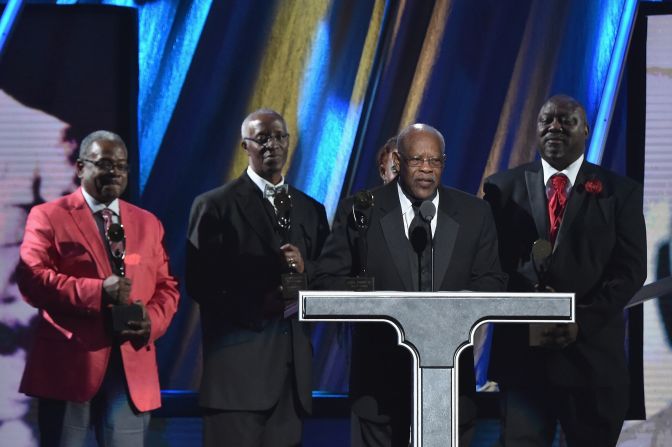 Fred Tanner accepts the <a  target="_blank" target="_blank">early influence award</a> on behalf of rhythm-and blues-vocal group <a  target="_blank" target="_blank">The "5" Royales</a>, whose music included the original recording of "Dedicated to the One I Love."