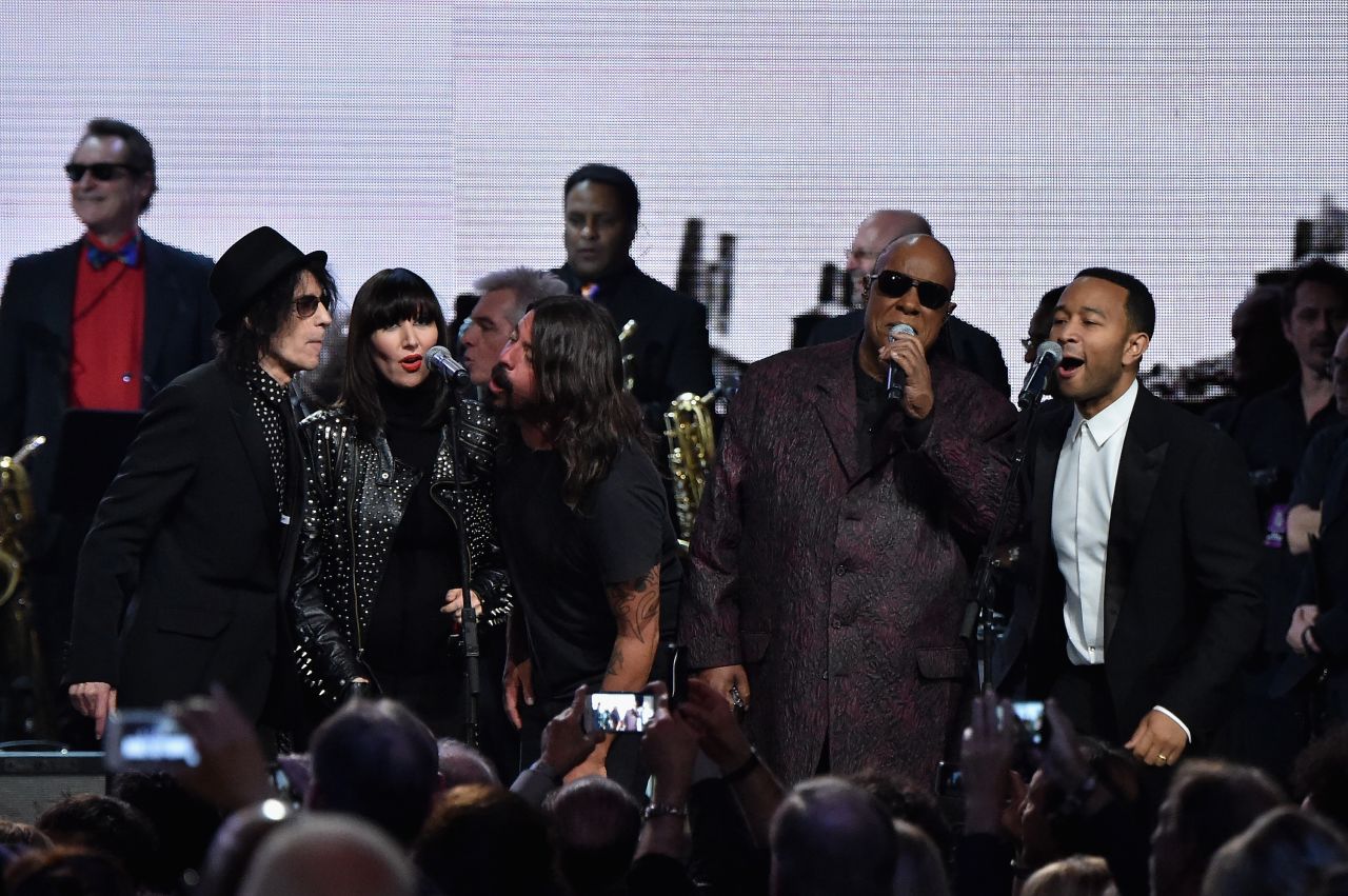Entertainers Peter Wolf, Karen O, Tom Morrelo, Dave Grohl, Stevie Wonder and John Legend gathered for a performance of at the 30th Annual Rock And Roll Hall Of Fame induction ceremony.