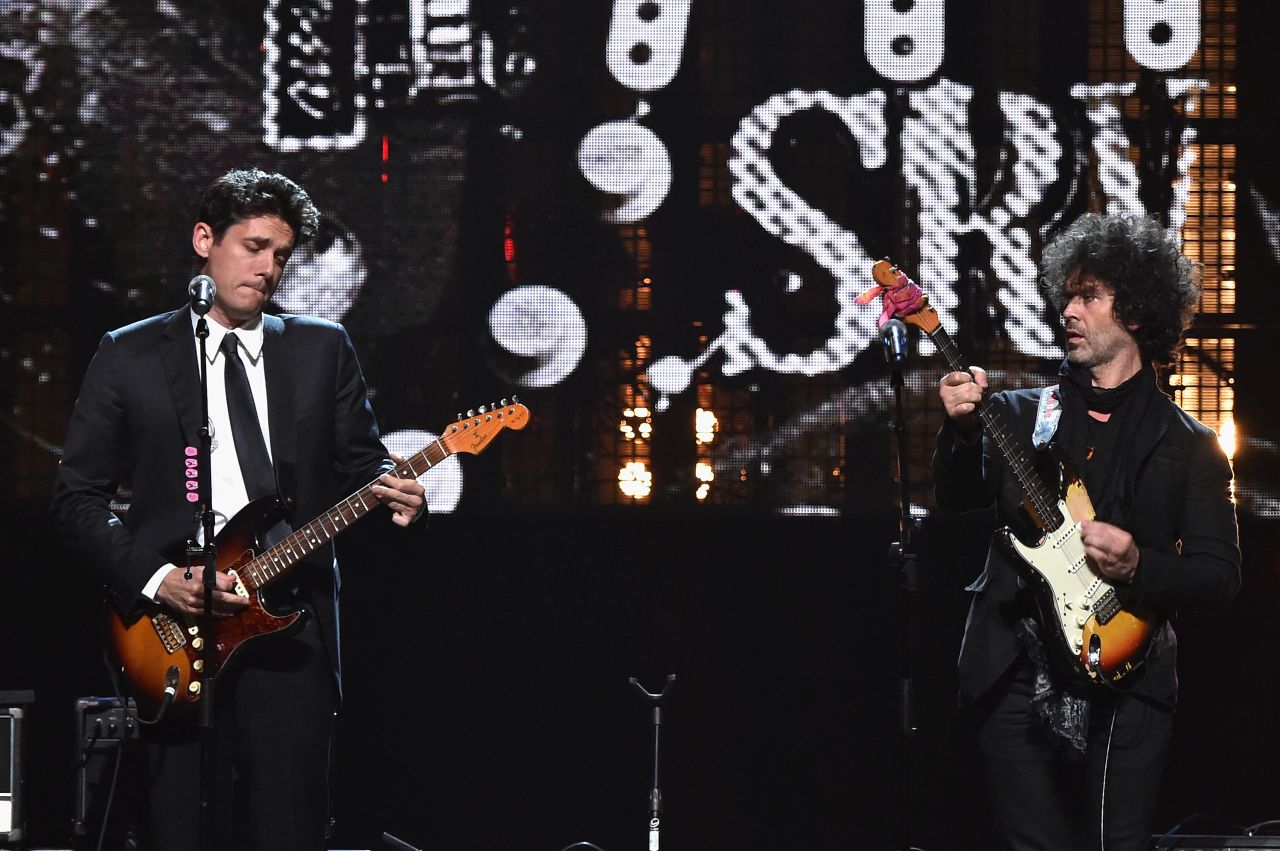 Musicians John Mayer and Doyle Bramhall II perform a song by the late Stevie Ray Vaughan, who was inducted posthumously this year into the Rock And Roll Hall Of Fame.