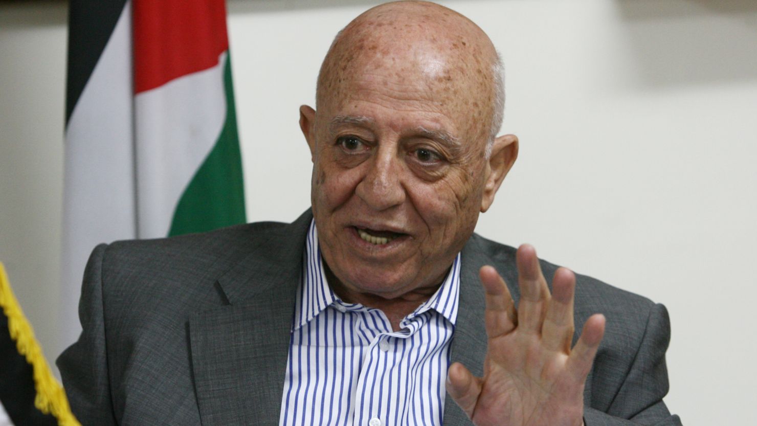 Ahmed Qorei speaks during a press conference at his office in the West Bank Jerusalem suburb of Abu Dis on March 15, 2010.