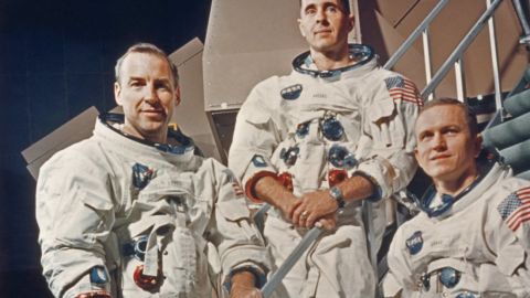 The crew of Apollo 8 in their space suits on a Kennedy Space Center simulator, Florida, USA, November 13, 1968. At left: James A. Lovell Jr. (Photo by Space Frontiers/Getty Images)