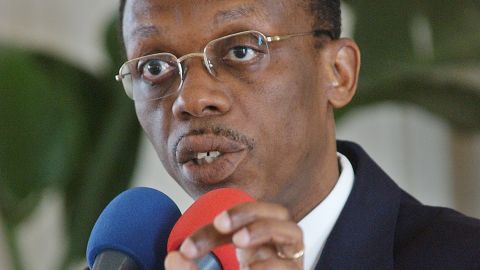 Haitian President Jean Bertrand Aristide addresses a press conference at the presidential palace in Port-Au-Prince February 24, 2004.