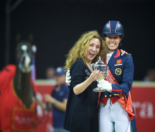 When Dujardin thanked Reem Acra (L) for her sponsorship of the Western European League and the dressage final, Acra replied: "I'm very happy to do it. And you know Charlotte that your wedding dress is coming from me!"  