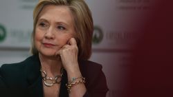 Democratic presidential hopeful and former Secretary of State Hillary Clinton looks on during a roundtable discussion with members of the small business community at Capital City Fruit on April 15, 2015 in Norwalk, Iowa.