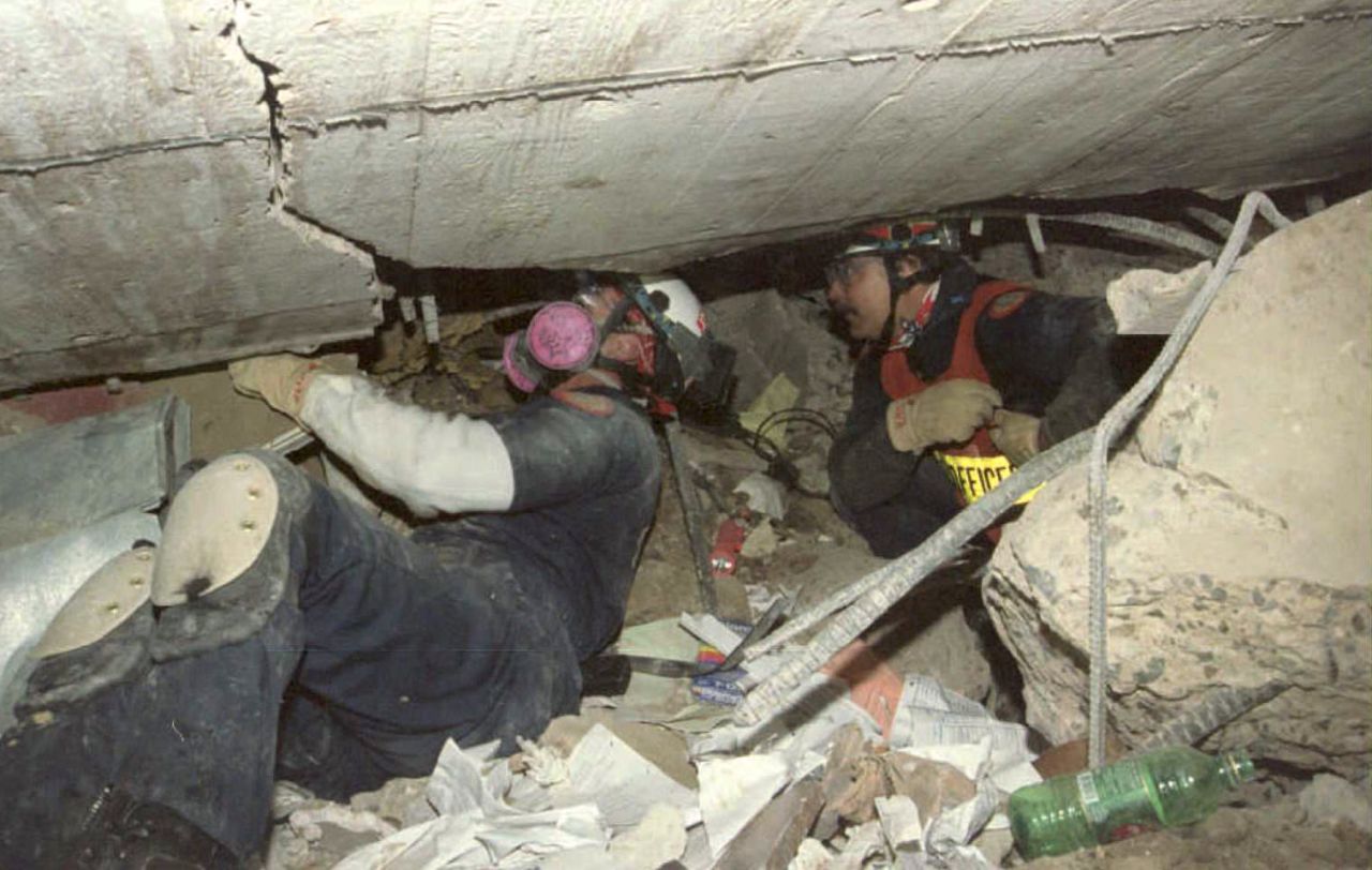 Rescue workers dig through the rubble as they look for survivors on April 29, 10 days after the bombing. Work was halted because of falling debris that was a danger to the rescuers.