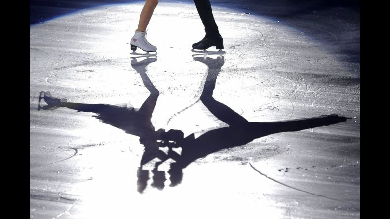 Ice dancers Madison Chock, left, and Evan Bates perform at the gala exhibition that took place Sunday, April 19, during the World Team Trophy event in Tokyo.