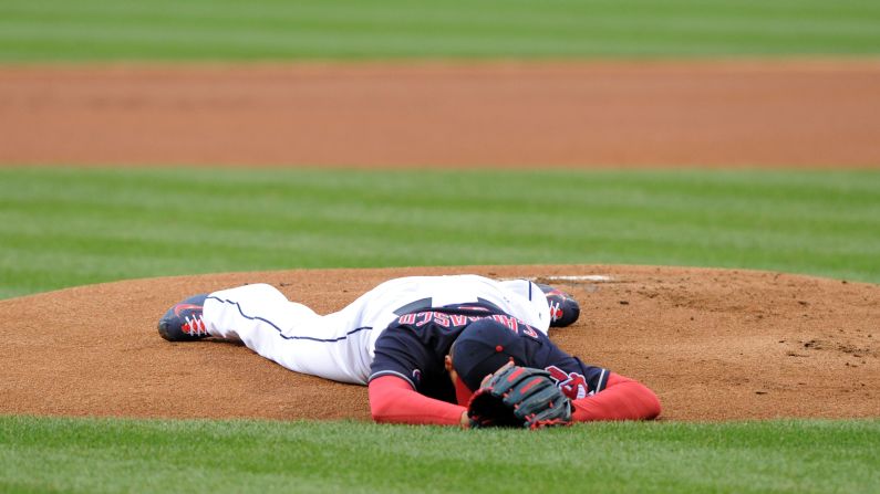 Cleveland pitcher Carlos Carrasco lies on the field after a line drive struck him in the jaw on Tuesday, April 14. Carrasco came out of the game and went to the hospital, but fortunately he was only bruised.