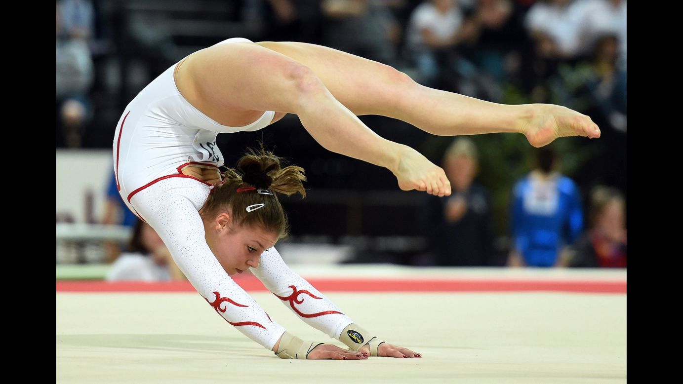 Swiss gymnast Caterina Barloggio competes in a floor exercise event Wednesday, April 15, at the European Championships in Montpellier, France.