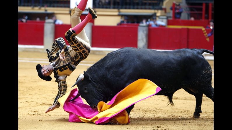 An assistant bullfighter is gored during a training fight held Sunday, April 19, in Zaragoza, Spain.