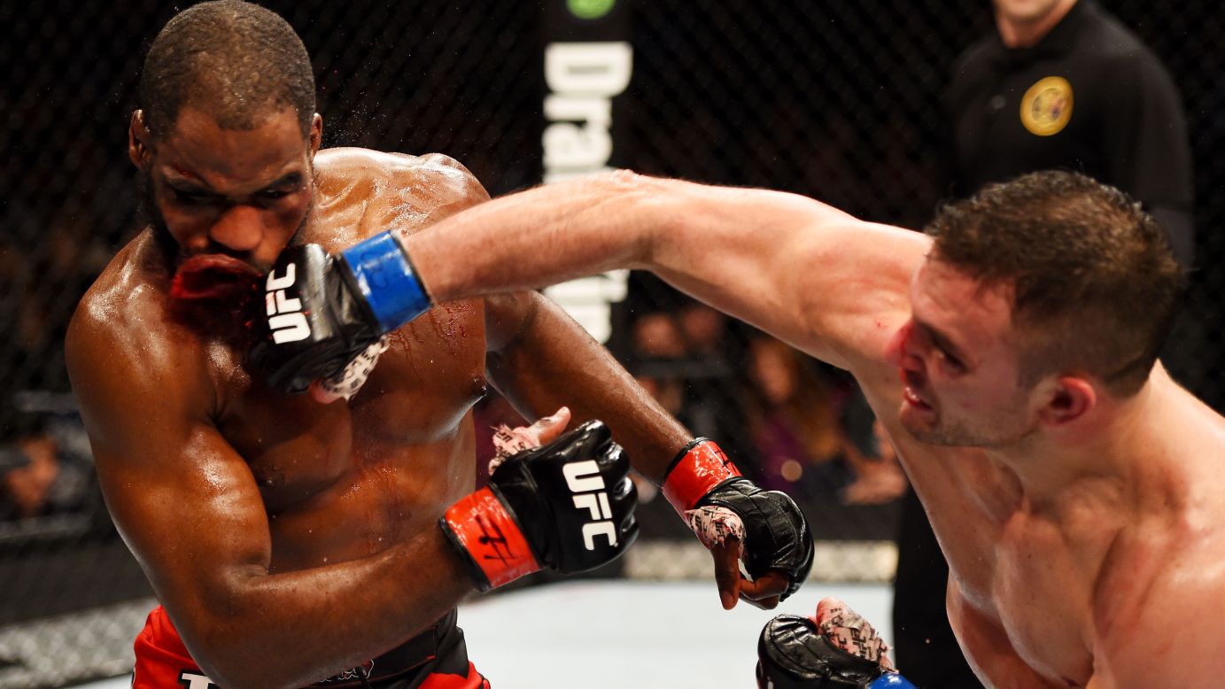 Gian Villante punches Corey Anderson during their light-heavyweight bout Saturday, April 18, in Newark, New Jersey. Villante stopped Anderson in the third round.