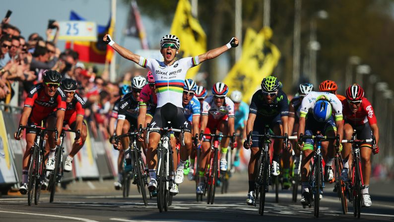 Polish cyclist Michal Kwiatkowski celebrates Sunday, April 19, after winning the Amstel Gold Race in Valkenburg, Netherlands.