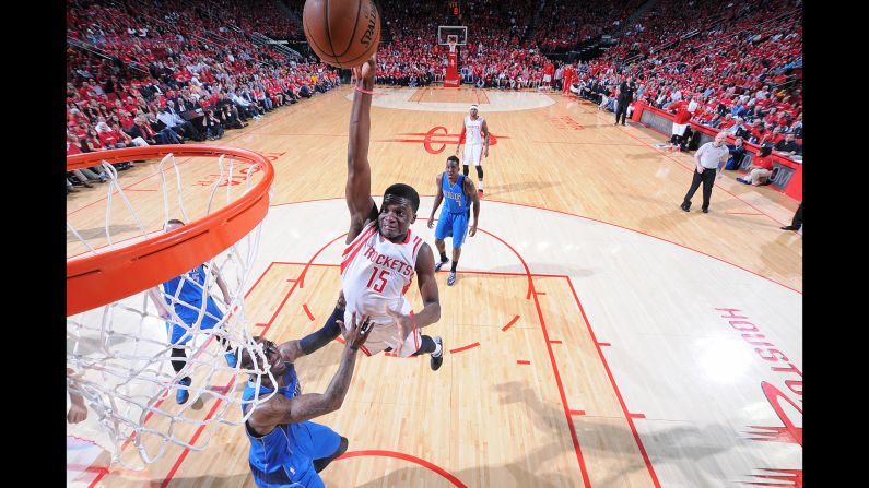 Houston's Clint Capela goes up for a dunk Saturday, April 18, while playing Dallas in Game 1 of their Western Conference playoff series. The Rockets opened the series with a 118-108 victory.