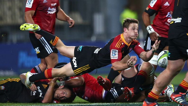 Brad Weber of the Chiefs looks to pass from a ruck during a Super Rugby match played Friday, April 17, in Christchurch, New Zealand.
