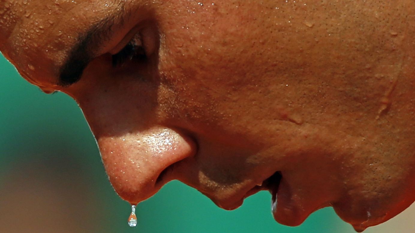 A drop of sweat falls from the face of tennis player Rafael Nadal as he plays Friday, April 17, at the Monte Carlo Masters in Monte Carlo, Monaco.