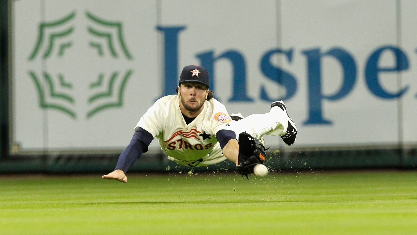 Houston outfielder Jake Marisnick dives for a ball during a home game on Saturday, April 18.