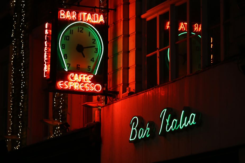 Bar Italia cafe, a Soho landmark. Many a reveler has stumbled into this all-night cafe for a latte and a grilled mozzarella panini after an evening boozing.
