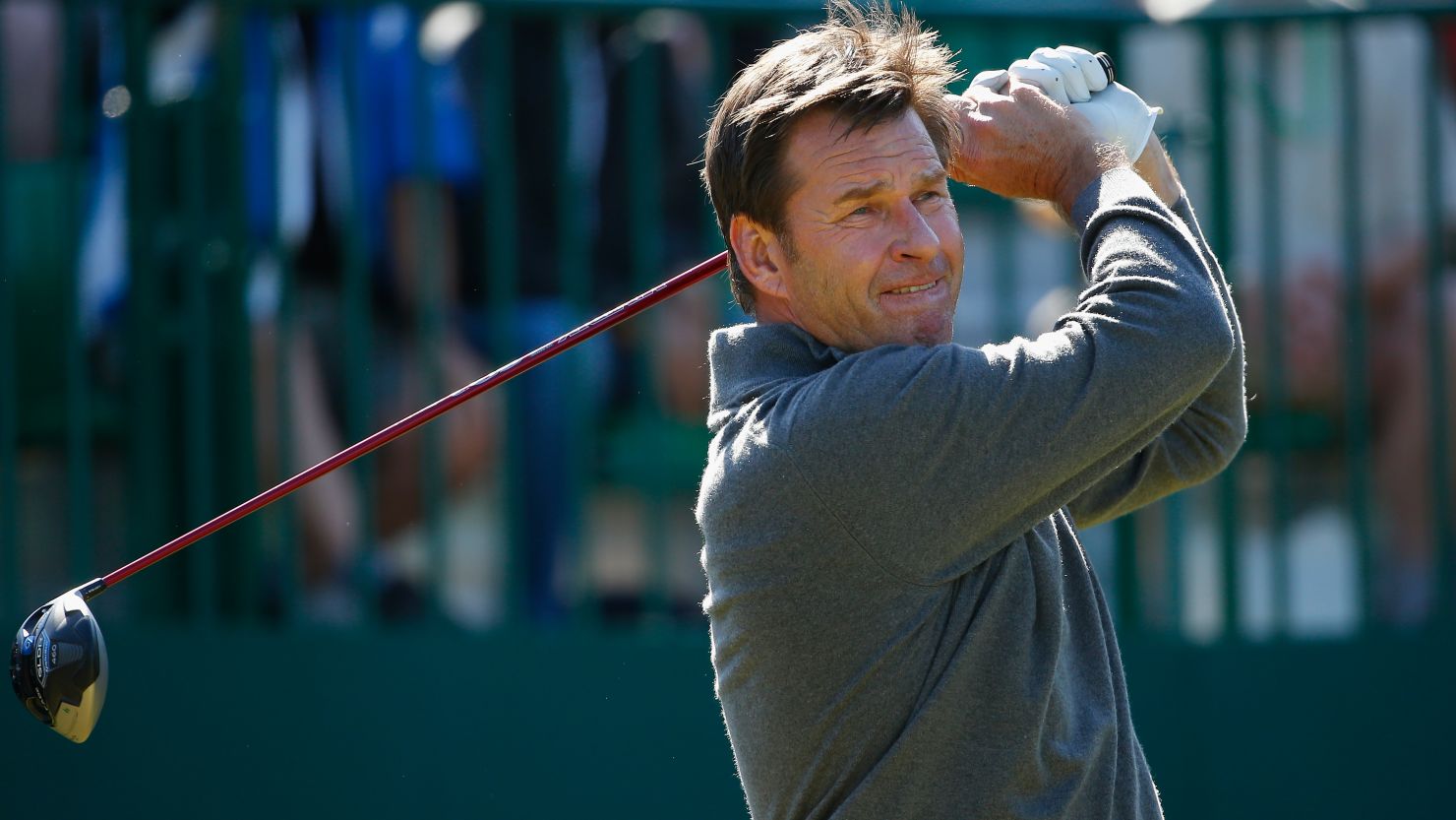 Nick Faldo tees off during a practice round prior to the start of the 143rd Open Championship at Royal Liverpool.